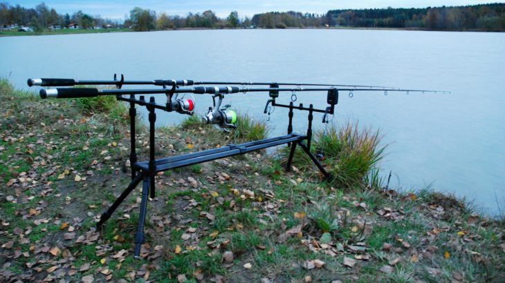 Canne à Pêche à La Carpe Isolée Sur Le Lac Et Pont En Bois. Moulinet De